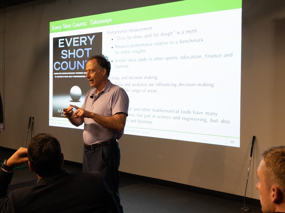 On Wednesday, April 3, Columbia Business School professor, author, and golf researcher @MarkBroadie brought his specialized knowledge to MoMath for a remarkably interactive and sporty Math Encounters lecture. ⛳️ To view more upcoming free lectures, go to momath.org/math-encounters.