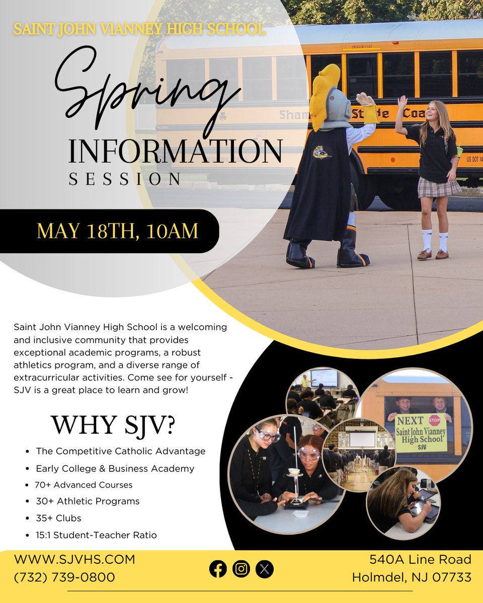 If you're interested in learning more about Saint John Vianney High School, attend our Spring Information Fair on May 18th! Come see for yourself -SJV is a great place to learn and grow! To register, click link in bio.