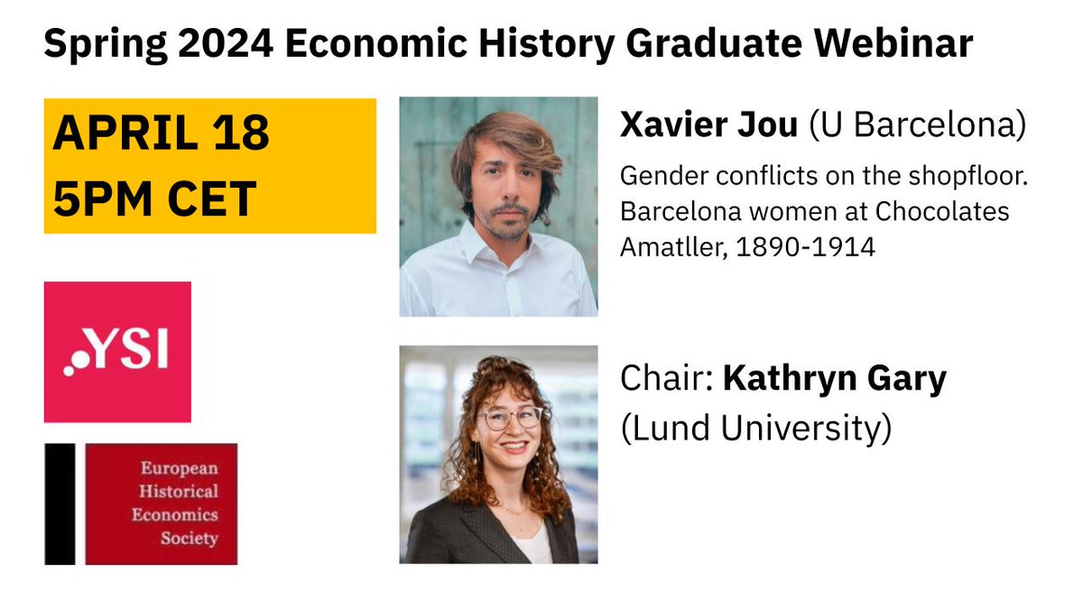 YSI-EHES Economic History Graduate Webinars (@webinarysi) on Twitter photo 🔔Next Thursday at 5pm CET it's time for another EHES-YSI #econhist discussion with Xavier Jou (<a href="/UniBarcelona/">Universitat de Barcelona</a>) about Gender conflicts on the shopfloor. Barcelona women at Chocolates Amatller, 1890-1914
We are happy to welcome <a href="/kathrynegary/">Kathryn E. Gary</a> (<a href="/LuEconHist/">Economic History</a>) to chair the event 🚀 🔔Next Thursday at 5pm CET it's time for another EHES-YSI #econhist discussion with Xavier Jou (<a href="/UniBarcelona/">Universitat de Barcelona</a>) about Gender conflicts on the shopfloor. Barcelona women at Chocolates Amatller, 1890-1914
We are happy to welcome <a href="/kathrynegary/">Kathryn E. Gary</a> (<a href="/LuEconHist/">Economic History</a>) to chair the event 🚀