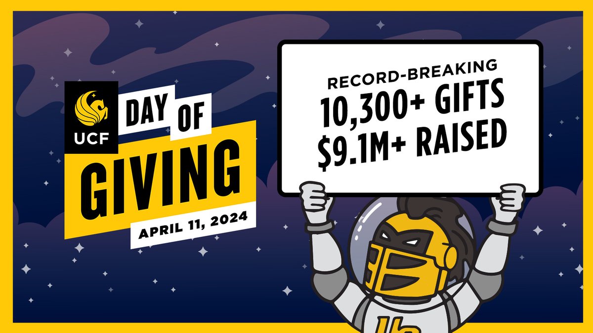 #UCFCCIEKnights, we can't thank you enough for the way you rallied around both CCIE and UCF yesterday. With @UCF raising over $9.1 million, it was a record-breaking #UCFDayofGiving — and we couldn't have done it without you! 🎉