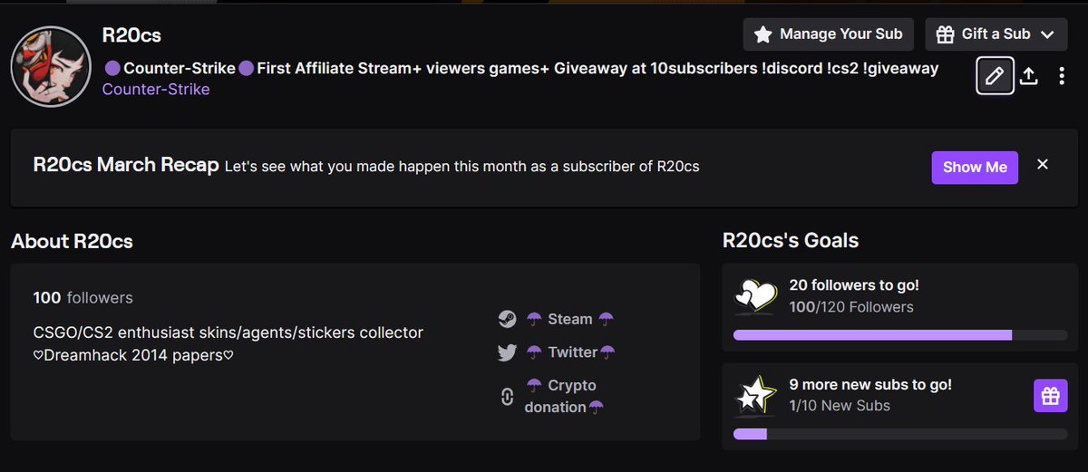 First Affiliate Stream at this time tomorrow doing viewers games Rating your inventories & skins  also doing a Giveaway at 10subscribers!!! 

-> twitch.tv/R20cs

#cs2 #counterstrike #csgo #twitch #stream #giveaway #steam #steamprofile #csgoinventory #csgoskins #cs2skins