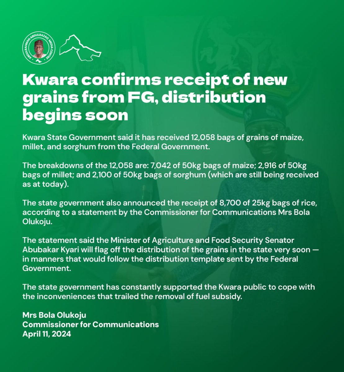 KWSG UPDATE: Kwara confirms receipt of new grains from FG, distribution begins soon