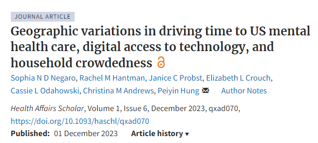📘Open Access Journal📘 'Geographic variations in driving time to US mental health care, digital access to technology, and household crowdedness' ow.ly/wNVq50ReuWu @RMHRC_UofSC #ruralhealth