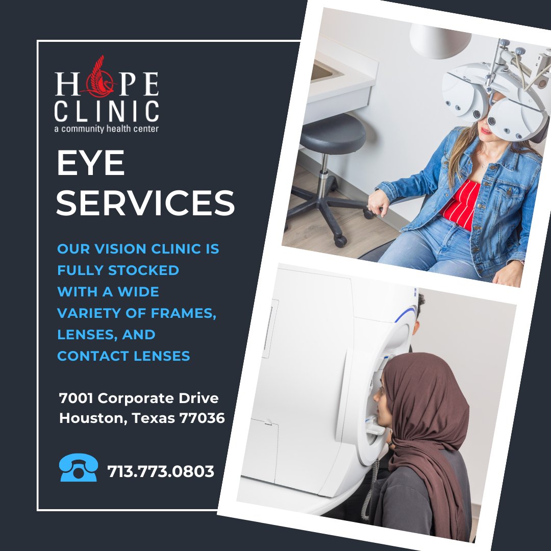 👁️ HOPE Clinic's Eye Care Clinic offers: ✅ Comprehensive Eye Exams ✅ Prescription Glasses & Contact Lenses ✅ Treatment for Various Eye Conditions & Injuries 📲Book your appointment today! Calling 713.773.0803 #EyeCare #HOPEClinic #HealthyVision