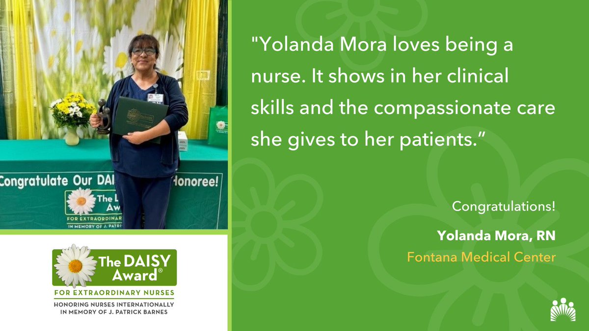 Congratulations to our April #DAISYAward honoree Yolanda Mora, RN! Yolanda is being recognized for the extraordinary care she provided to a patient at Fontana Medical Center. Thank you, Yolanda for all that you do! 🙌