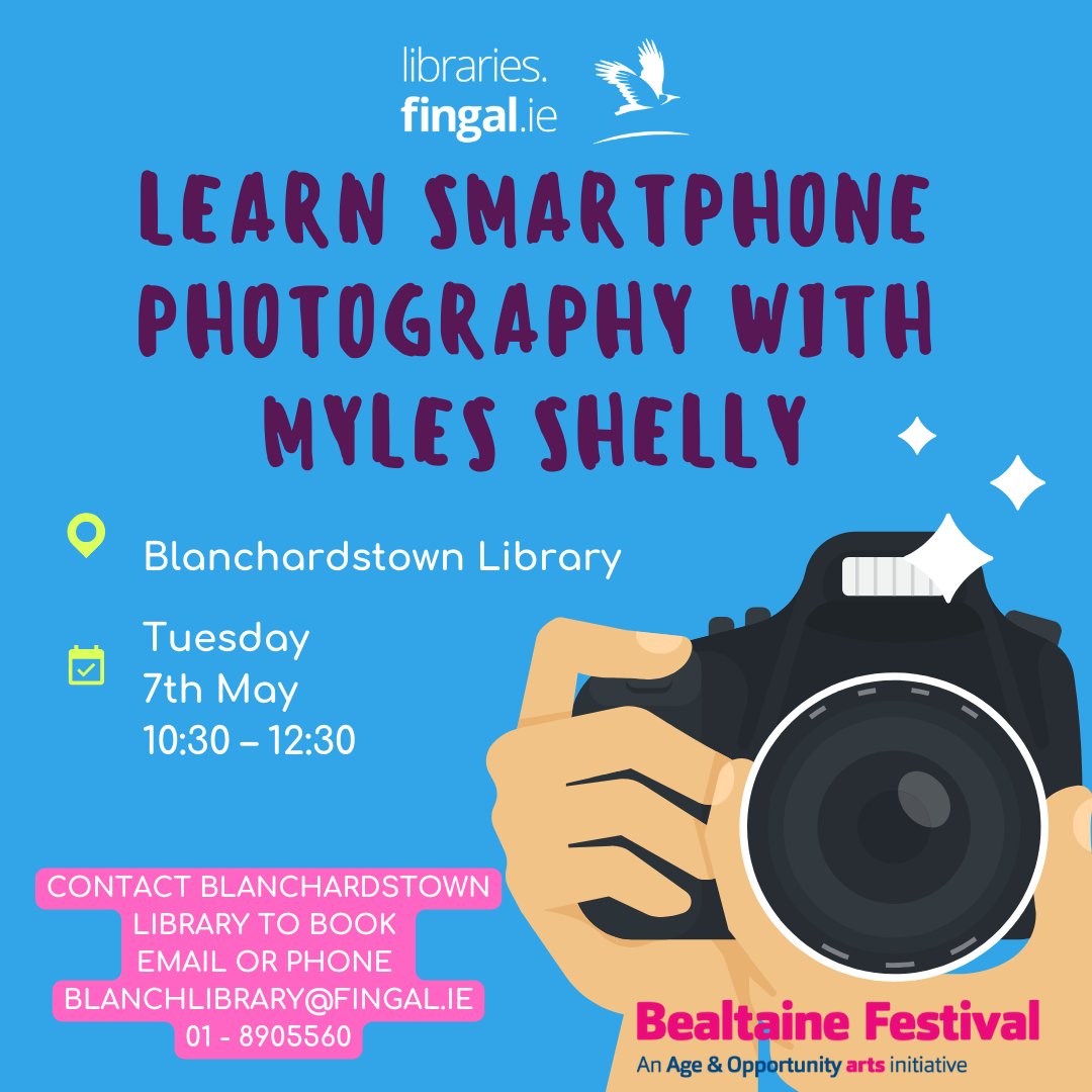 Join us in Blanchardstown Library on the 7th of May at 10:30am for a smartphone photography workshop to celebrate Bealtaine. Booking essential. @fingalcoco @eventsinfingal @bealtainefest #Bealtaine2024 #BlanchardstownLibrary #Photography