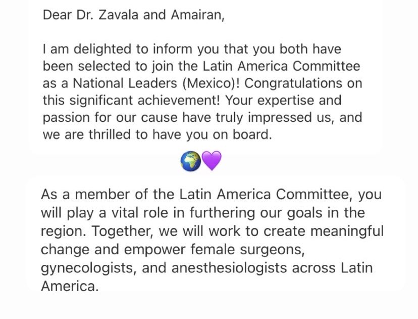 Honored to have been selected as one of the National Leads (🇲🇽) of the Latin America Committee of the Gender Equity Initiative in Global Surgery (GEIGS)! @Harvard @gendereqsurg Already looking forward to working alongside amazing women! 💜