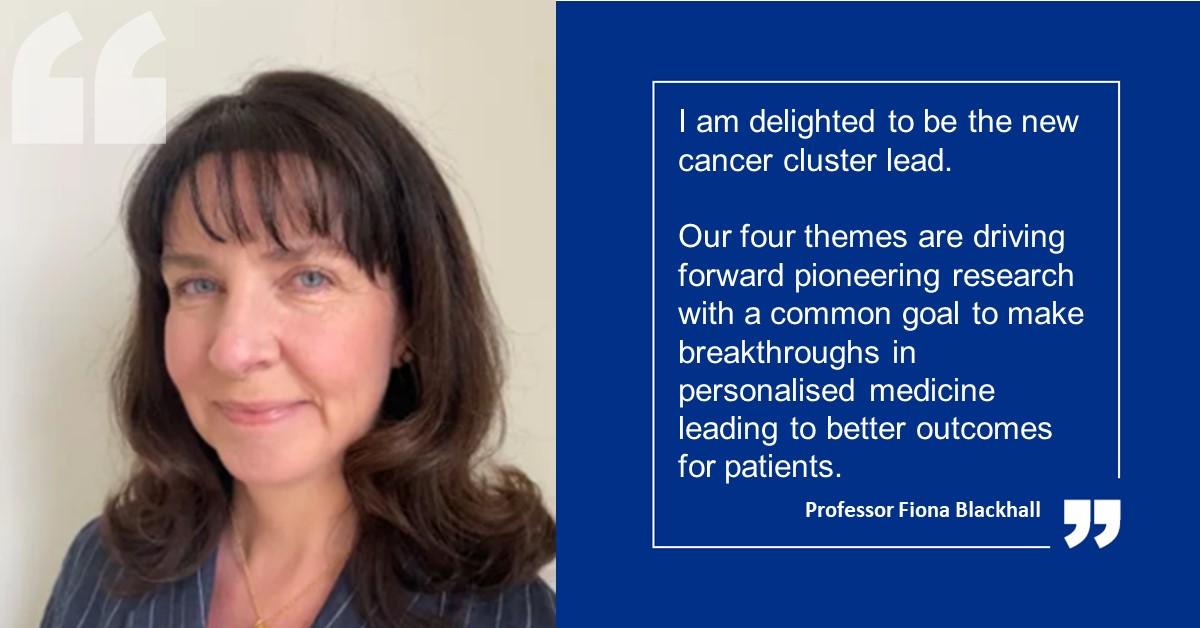 Congratulations to Professor Fiona Blackhall, our head of research, who is the new cancer cluster lead at @ManchesterBRC. The themes covered in the cluster are prevention and early detection, advanced radiotherapy, cancer precision medicine and living with and beyond cancer.