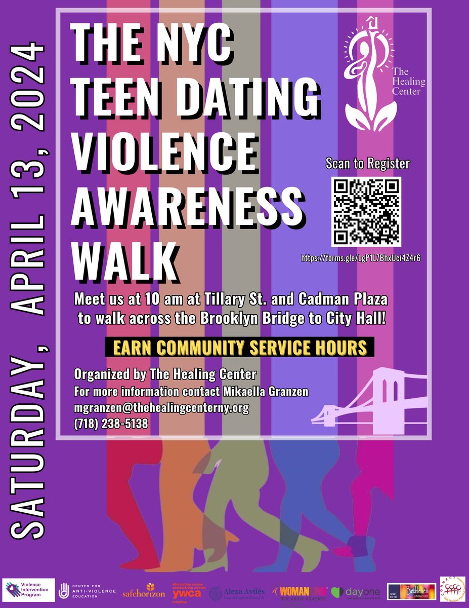 Join us tomorrow, April 13 at 10am at Tillary Street & Cadman Plaza, to walk across the Brooklyn Bridge to City Hall! Together, we can create a world free from dating violence 💜 Register at docs.google.com/forms/d/e/1FAI… #awareness #nyc #thingstodoinnyc