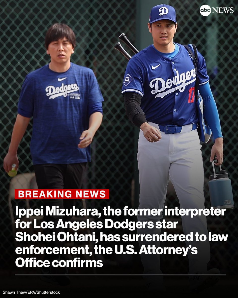 ABC's tweet image. JUST IN: Ippei Mizuhara, the former interpreter for Los Angeles Dodgers star Shohei Ohtani, has surrendered to law enforcement, the U.S. Attorney’s Office confirms. He is now in federal custody.

abcnews.go.com/Sports/shohei-…
