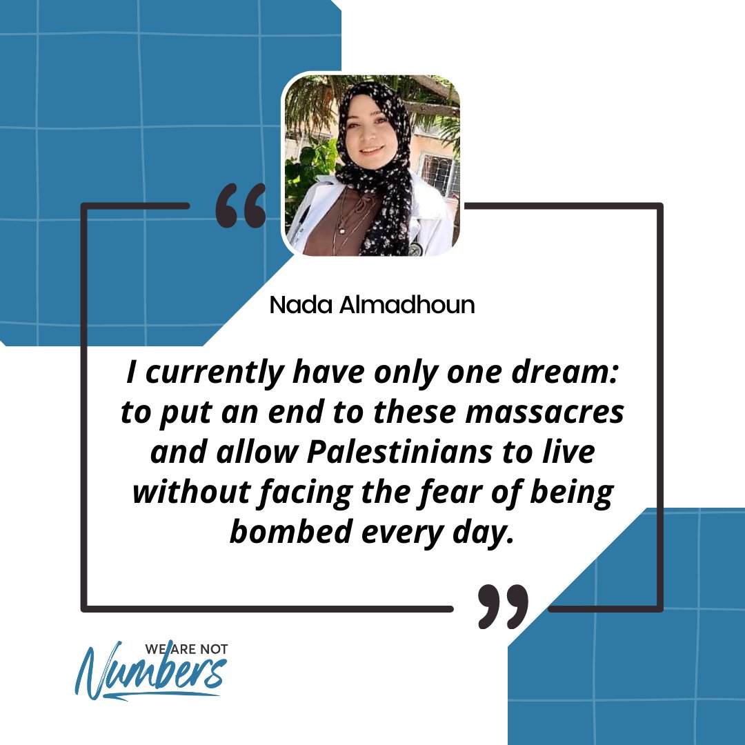 Join me on a journey through the heart of Gaza 'My One Dream: Put an end to these massacres' by Nada Almadhoun offers a raw window into the life of a volunteer doctor in Gaza. Read the full story through the link below. wearenotnumbers.org/my-one-dream-p…