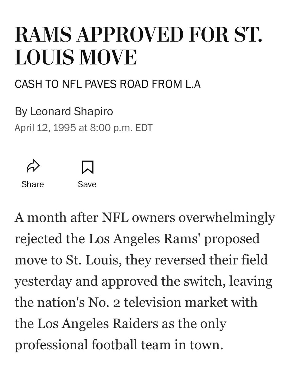 On this day in St. Louis Rams history, the Los Angeles Rams were approved by the NFL for a move to STL—and the St. Louis Rams were born. April 12, 1995. #STLRams washingtonpost.com/archive/sports…