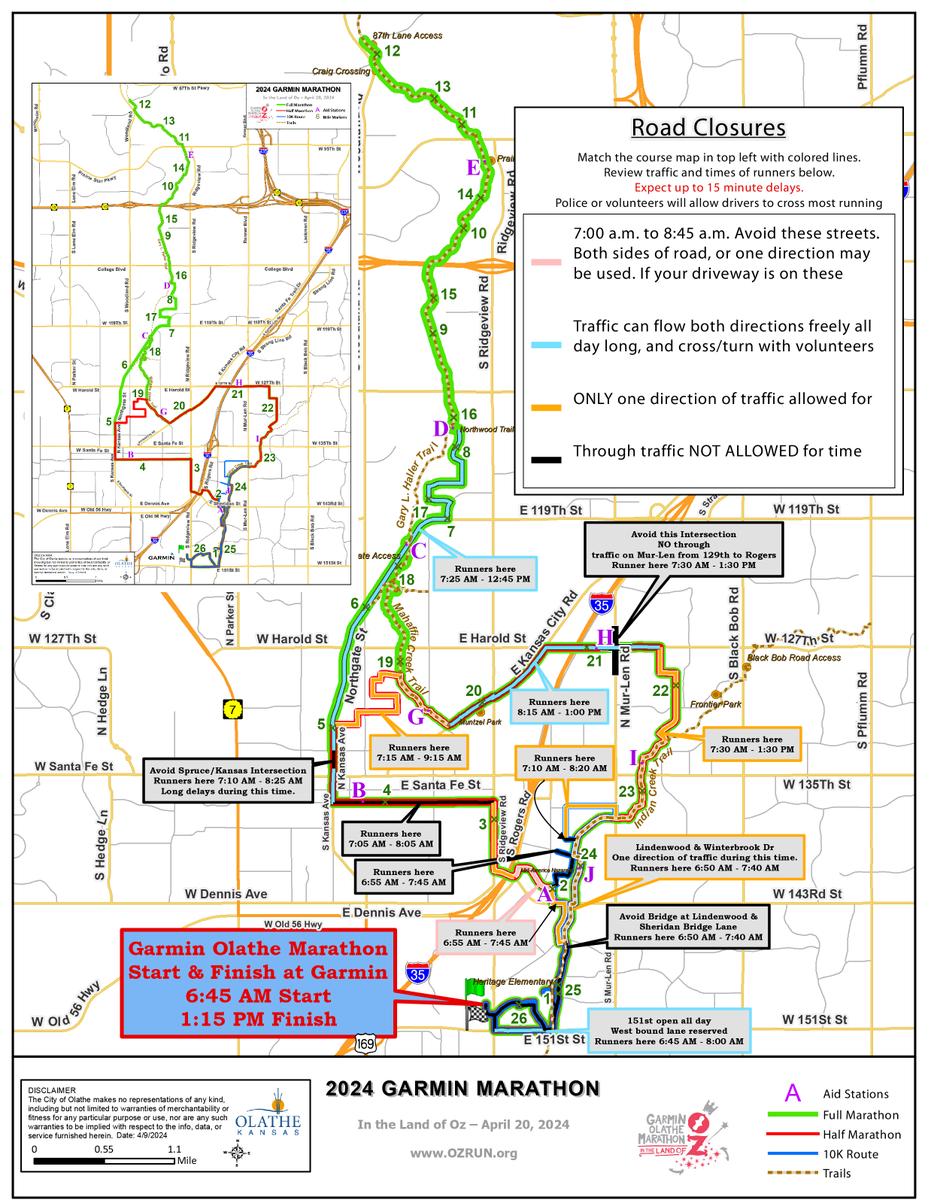 The @GarminMarathon runs through town this Saturday! Intermittent intersection, walking trail and road closures throughout Olathe will be in place until approximately 3 p.m. on April 20. Enlarged Map: go.olatheks.gov/3UdriFA Race Info: OzRun.org