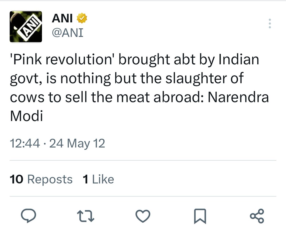 @dhruv_rathee Now check this tweet by @smitaprakash's @ANI quoting @narendramodi in 2012. 'Pink revolution' brought abt by Indian govt, is nothing but the slaughter of cows to sell the meat abroad' Slaughter of Cows to sell their meat abroad? Wait... Wasn't this 🐃 Buffalo meat? 👇🏽