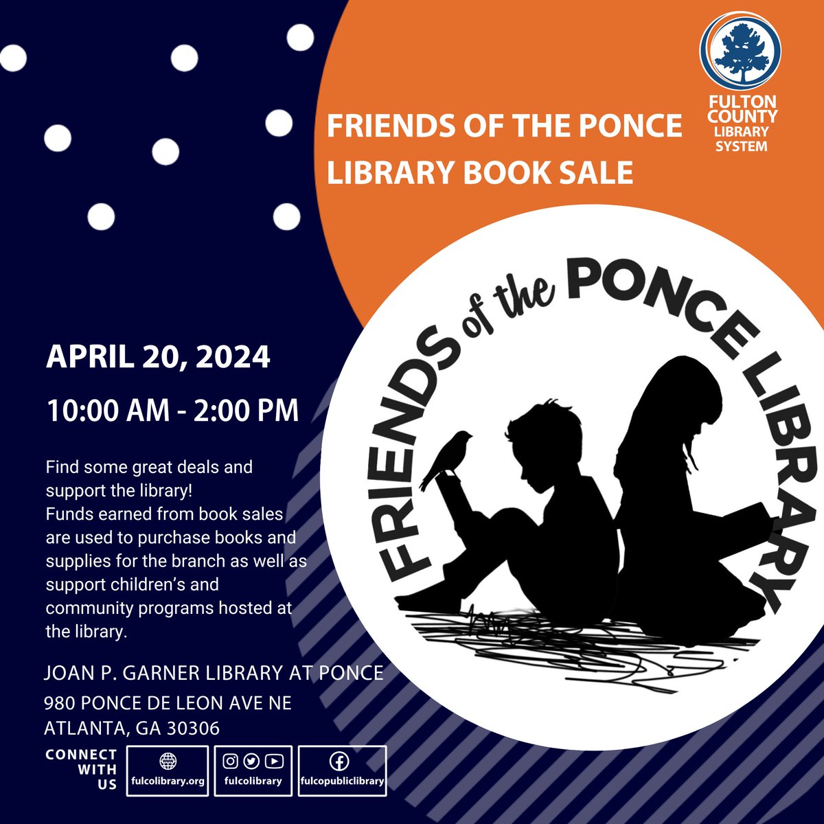 Find some great deals and support the library at the Friends of the Ponce Library Book Sale! April 20th, 10:00 am - 2:00 PM 

tinyurl.com/56urvc67

#FulcoLibrary #ResolveToRead #LibrariesTransform #FulcoReads #FriendsofPonceLibrary