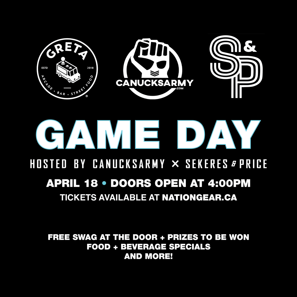 Need plans for the last game of the regular season? Look no further! Join the @CanucksArmy and @SekeresandPrice crew to watch the game, score some swag, and cheer on the boys on GAME DAY GRETA Bar YVR 🏒 Get your tickets ⬇️ bit.ly/4arjKVr #GameDayatGreta