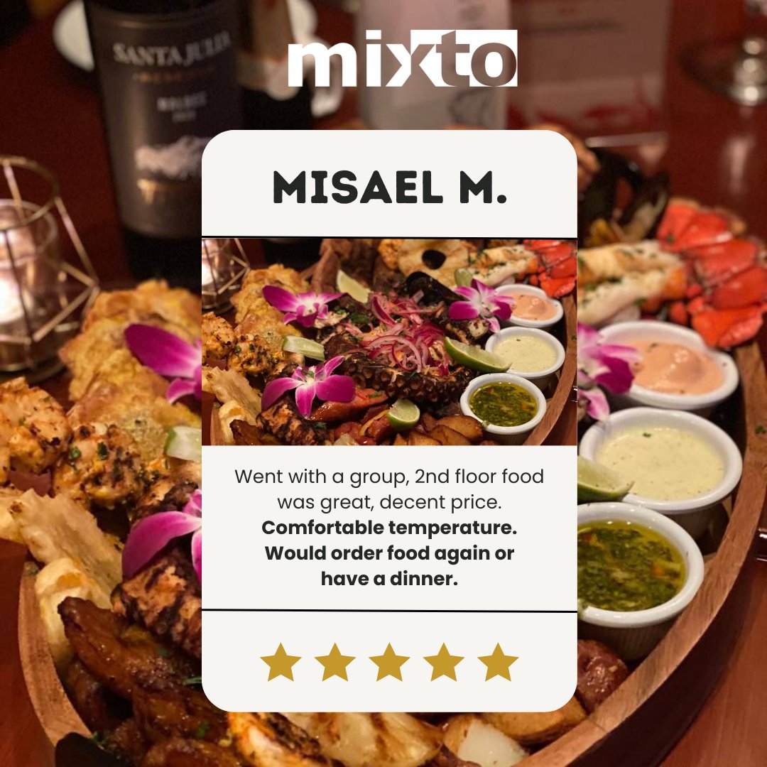 Another 5-star rating for Mixto! We’re so happy to be receiving this feedback from our customers 🤩

At Mixto, we strive to bring you the tastiest Latin cuisine and a dining experience that will leave you wanting more🥘. 

#restaurantreview #restaurantreviews #greatreviews