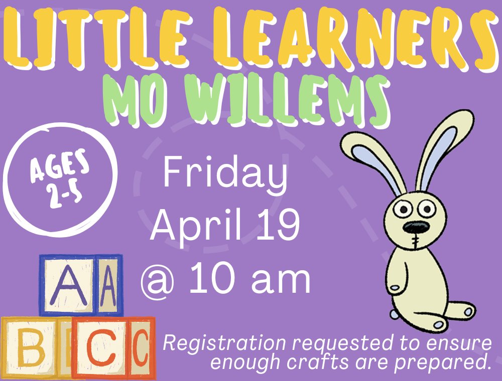 Next week Little Learners is all about Mo Willems!
April 19 10 AM
Register: ow.ly/NkOC50QY9eS
📖🎨💗📖🎨💗📖🎨💗
#storytime #story #storytelling #childrensbooks #stories #reading #kidsbooks #storyteller #picturebooks #booksforkids #libraryprogram #supportyourlocallibrary