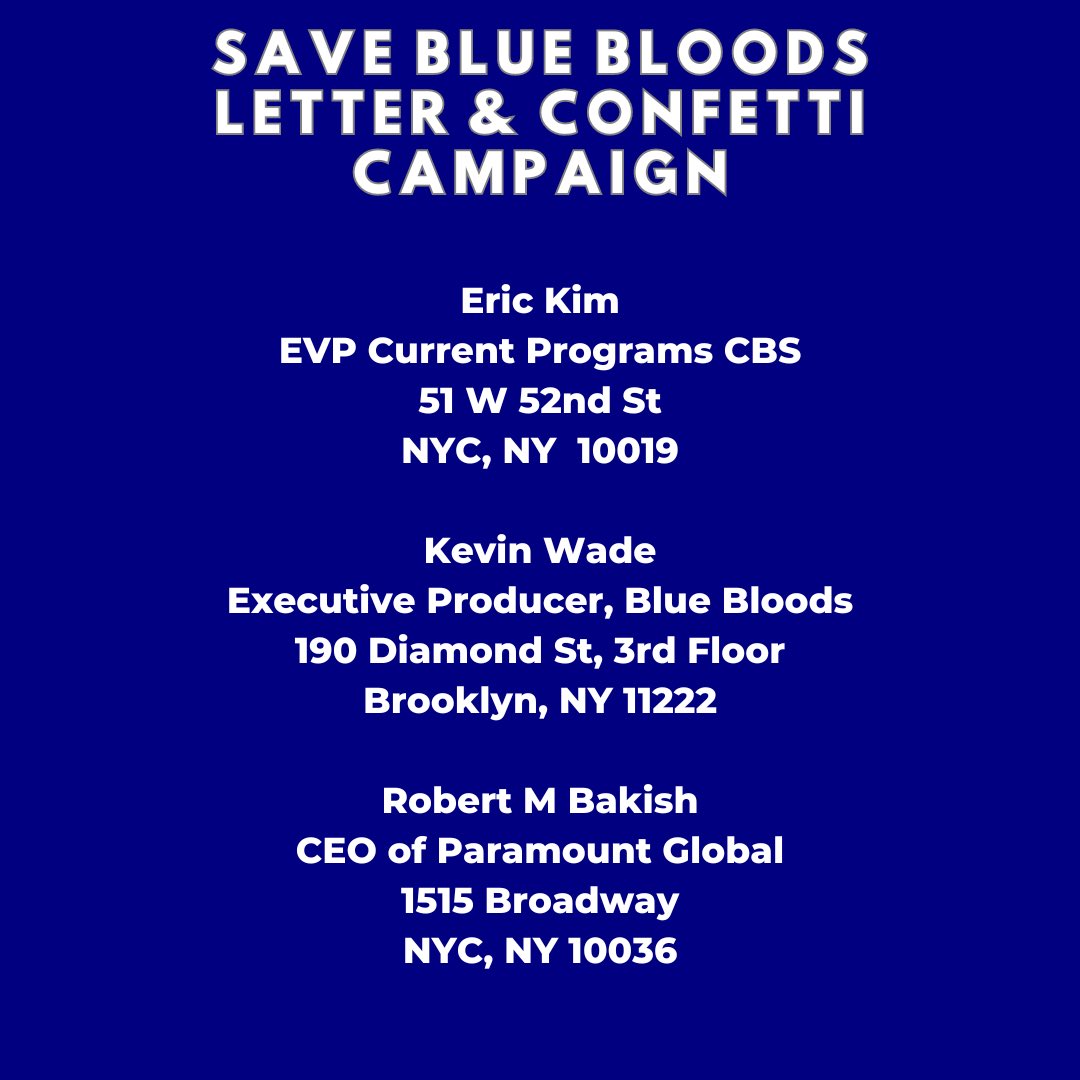 Update on the letter & confetti campaign 🎉💙 Amy has been promoted so we have someone new we can send our #SaveBlueBloods letters & confetti to. If you are still interested in participating here is an updated list! *Pls note we have no control over returned mail*