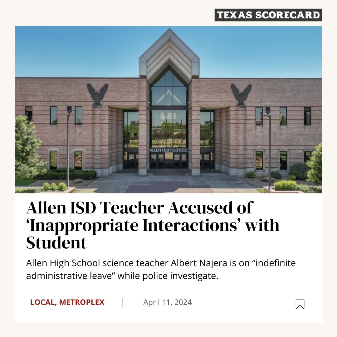 An Allen High School teacher is on “indefinite administrative leave” while police investigate allegations of inappropriate behavior with a student. Want the full story? Visit the link 🔗: l8r.it/tbVK