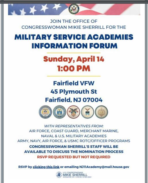 Interested in a US Military Academy? Congresswoman Mikie Sherrill is holding a Service Academies Forum. Sun, Apr 14. 1-3PM. AT Fairfield VFW, 45 Plymouth St. Naval, West Point, Air Force, Merchant Marine, Coast Guard & ROTC. RSVP not required: montville.net/militaryacadem…