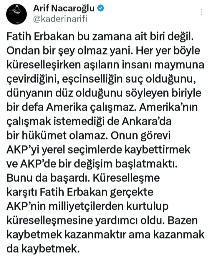 @TRHanismail Siyaset arenasında görünen her şey,sistemin yürümesi için dönen çarkların birer dişlileridir.
Vatandaş çareyi o partide,bu partide arıyor.
Kötü olan partiler değil, sistemin kendisidir.
Kısaca değişmesi gereken partiler değil,sistemin kendisidir.