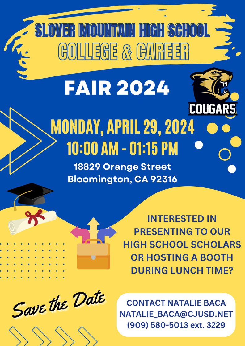 Save The Date! Contact SMHS if you would like to be a part of our SMHS College & Career Fair! @AAPAC_CJUSD @MooneyEdD @DrAnthonyOrtiz @CJUSDStudentSvc