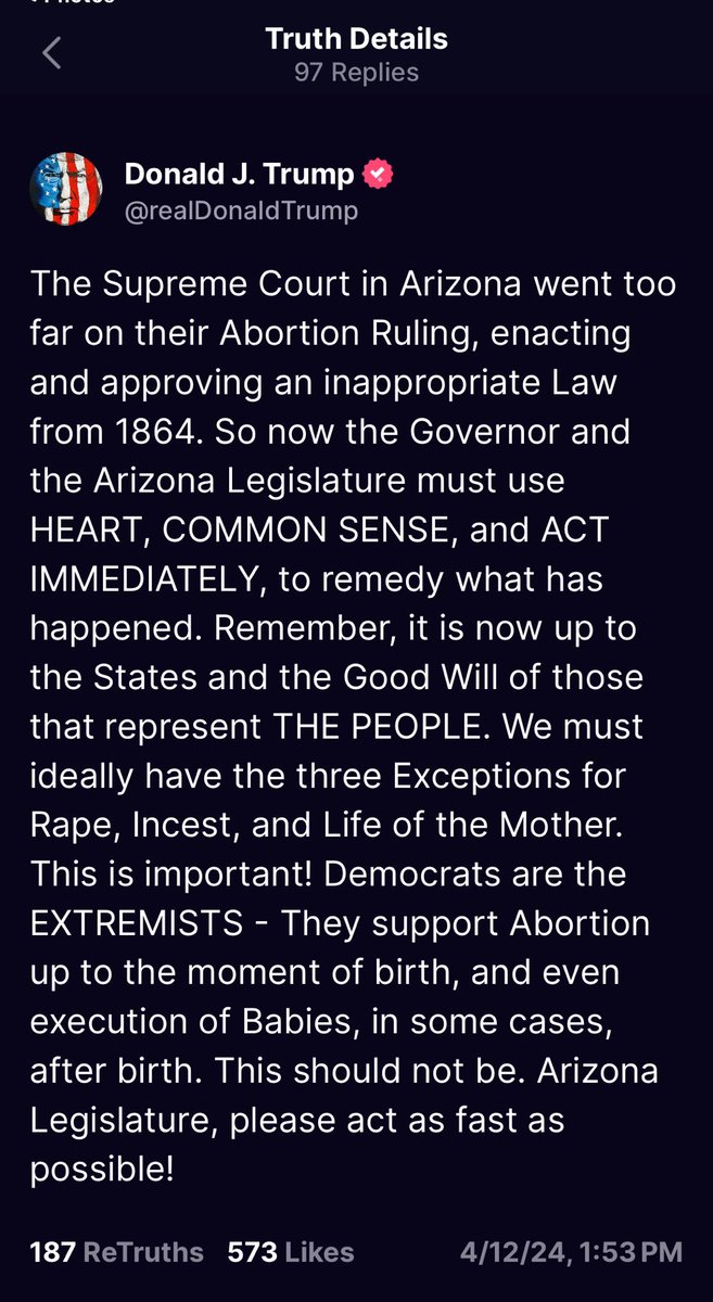 Trump once again says Arizona went too far with its abortion ruling and urges the legislature to “remedy what has happened…as fast as possible.”