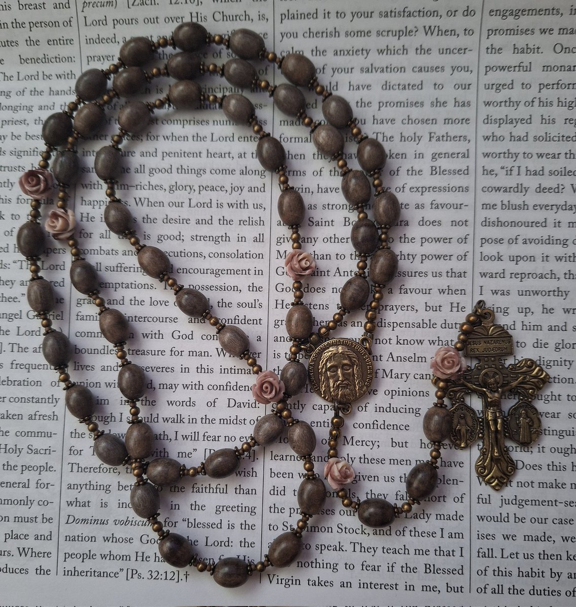 Holy Face rosary with graywood beads and resin roses.