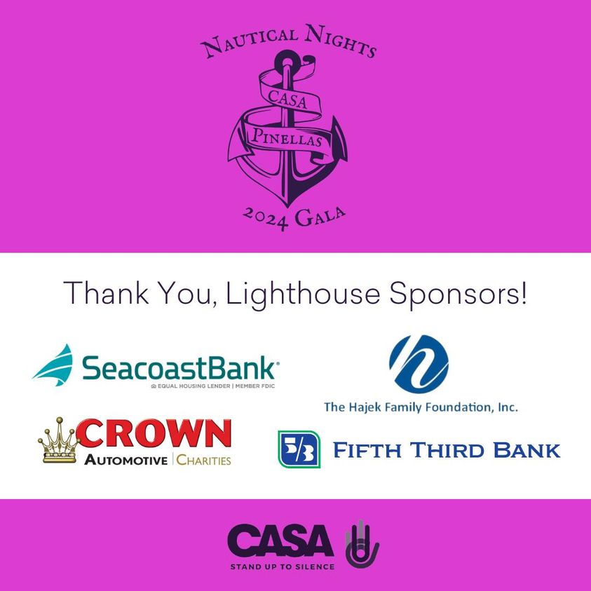 Big thank you to the Lighthouse Sponsors for CASA's 2024 Nautical Nights Gala: @SeacoastBankCom, The Hajek Family Foundation, @CrownCarsFL, and @FifthThird. CASA is so grateful for their continued support of our mission to create a #ViolenceFreePinellas.

#NauticalNights #EndDV