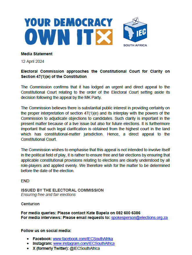 REPUTATION OF SOUTH AFRICA’S ‘INDEPENDENT’ ELECTORAL COMMISSION IN TATTERS

In a shocking move which proves beyond all doubt that it has become politically tainted and compromised, South Africa’s <a href="/IECSouthAfrica/">IEC South Africa</a> today confirmed that it has approached the country’s Constitutional