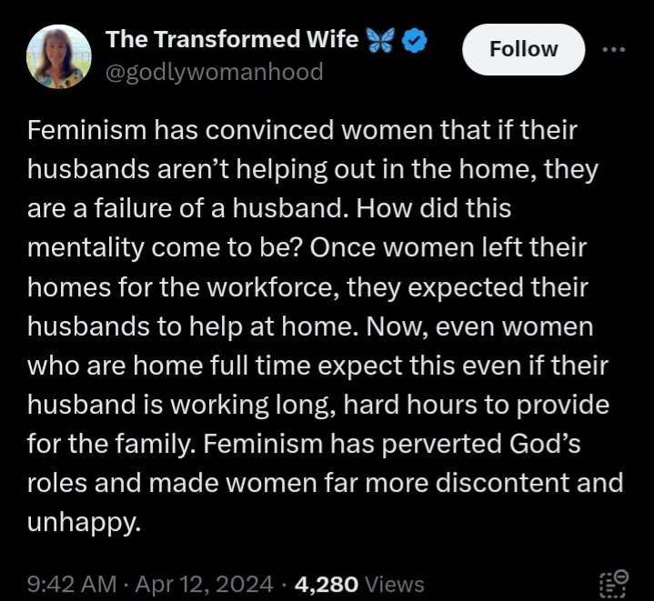 1st. Anyone using any 'god' as justification to guilt people into a lifestyle they do not actually want, is peddling oppression, manipulation, & abuse. 2nd. Expecting a partner or husband to be an equal partner in taking care of the home they live in, isn't remotely a big…