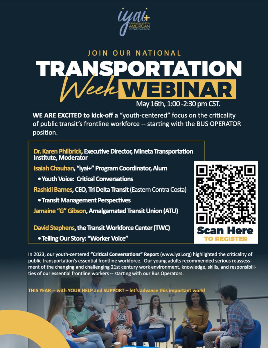 Celebrate #NationalTransportationWeek with a focus on our essential frontline workers! Join iyai+ along with MTI's ED Karen Philbrick & Trustee Rashidi Barnes for a special youth-centered webinar highlighting the crucial role of bus operators on May 16 us02web.zoom.us/webinar/regist…