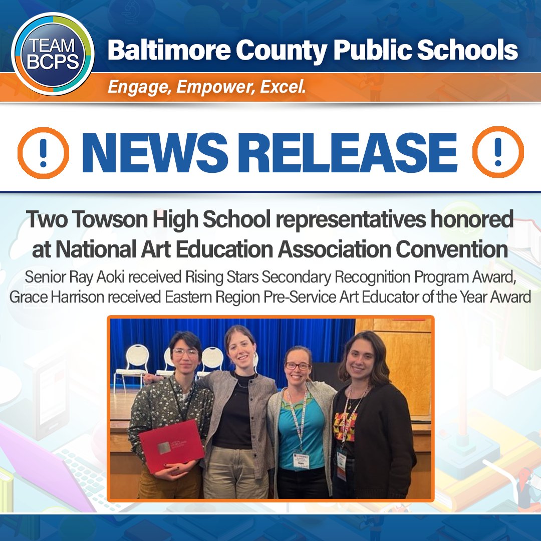 🎨 Towson High School had two moments in the spotlight at last week’s National Art Education Association (NAEA) Convention in Minneapolis. Please join us in congratulating senior Ray Aoki and pre-service educator Grace Harrison!

News Release ➡️ ow.ly/TfW950Rf0rE