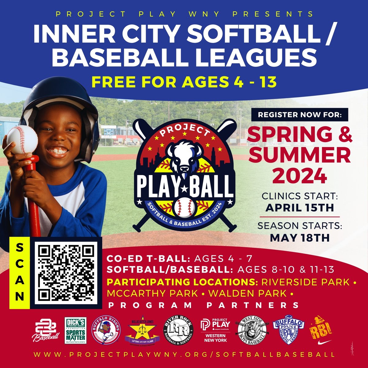 Reminder: FREE softball/baseball/t-ball clinics are underway and the inaugural season of Project Play Ball! begins May 15. Register today, at NO COST, for a city of Buffalo league near you! projectplaywny.org/softballbaseba… @MLBRBI