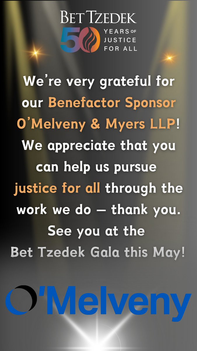 We’re very grateful for our Benefactor Sponsor @omelvenymyers! We appreciate that you can help us pursue justice for all through the work we do — thank you 🙌. See you at the #BetTzedekGala2024 this May! 💃