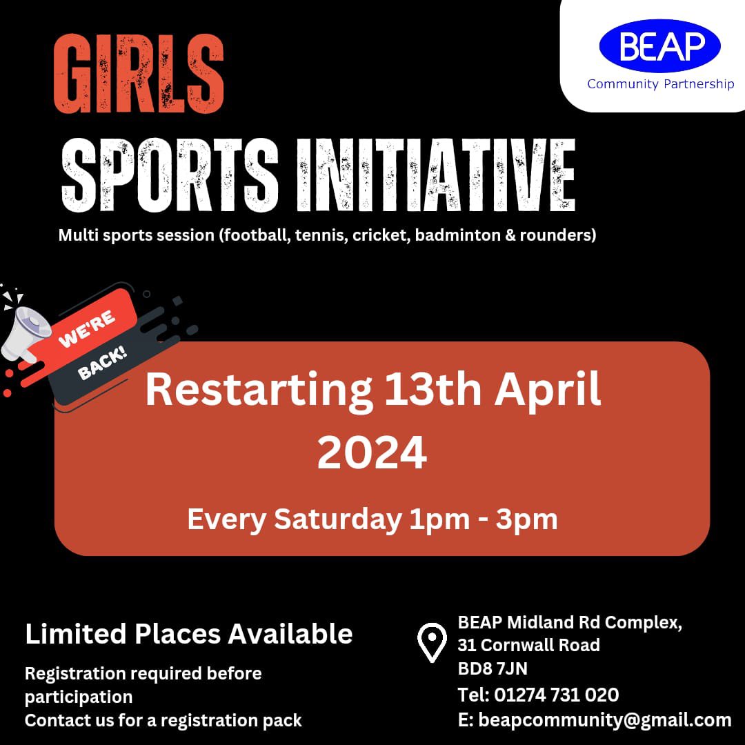 The BEAP Girls Sports Initiative is back after Ramadan! Girls aged 8 to 15 can join the free sessions with us starting Sat 13th April, from 1pm to 3pm for an afternoon packed with energy, enthusiasm & empowerment through sports. #BEAPGirlsSports #GirlsInSports #LetGirlsPlay