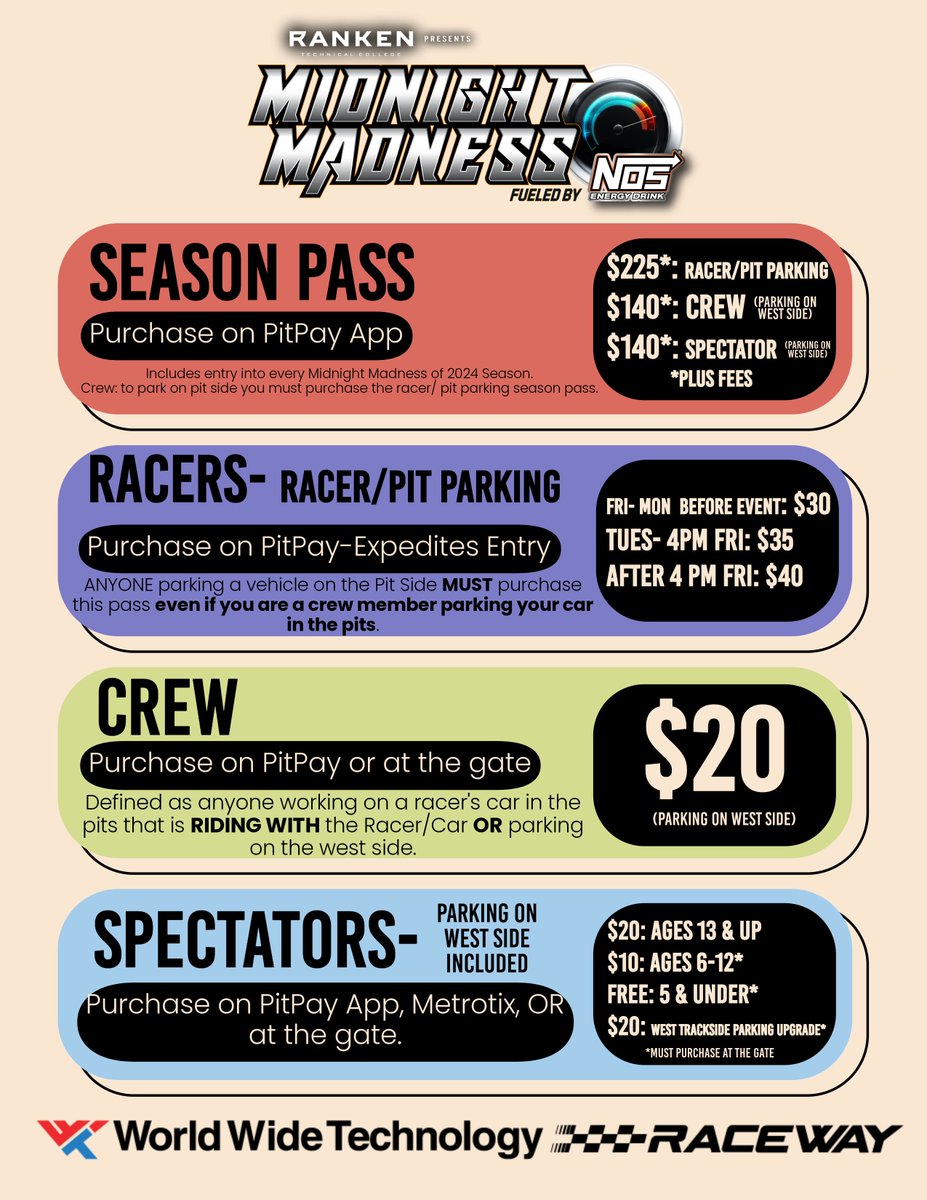 It's Midnight Madness fueled by @nosenergydrink next week! Do you have your tickets purchased? Remember, the cheapest ticket price offered is to purchase by end of day MONDAY on the PitPay App! Purchase your spectator tickets here: shorturl.at/benrQ