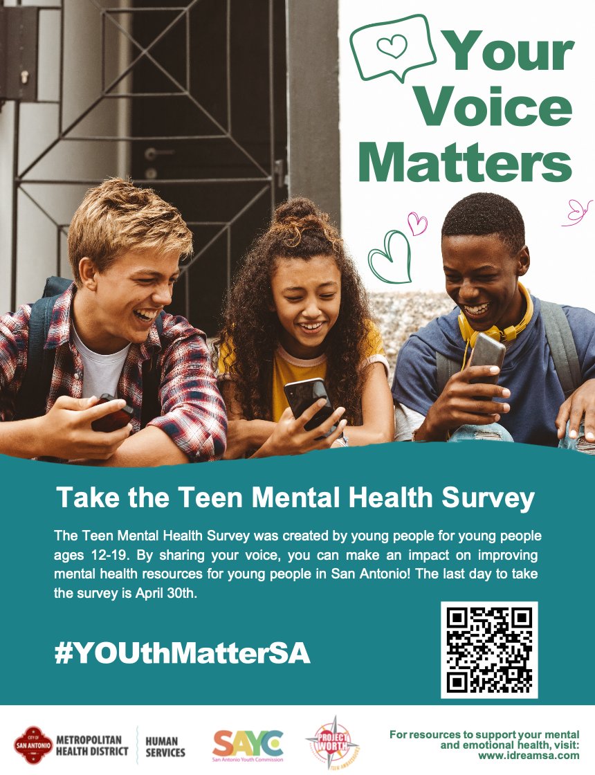 Calling all young people of San Antonio! @SAMetroHealth is asking for your input with their Teen Mental Health Survey. Share your voice today: publicinput.com/v2030 Survey closes April 30th.