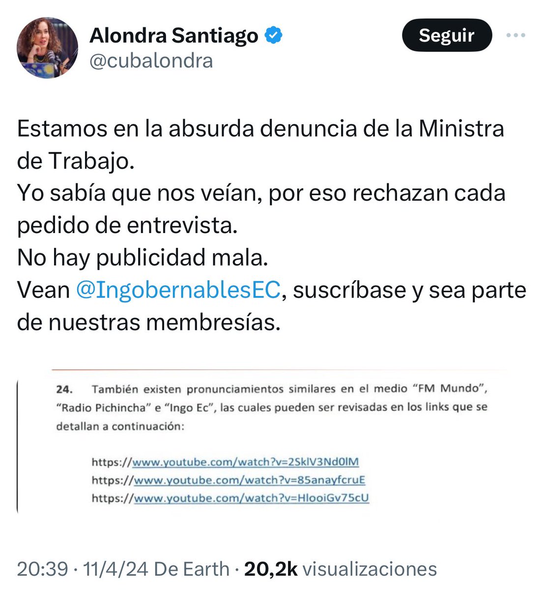 Hay una denuncia porque mientes, amenazas a los Ecuatorianos, nos faltas al respeto siendo una extranjera que salió huyendo de la “revolución ciudadana Cubana” pero vienes a promover la misma “revolución ciudadana” (que es el comunismo miserable en su máxima expresión) en nuestro…