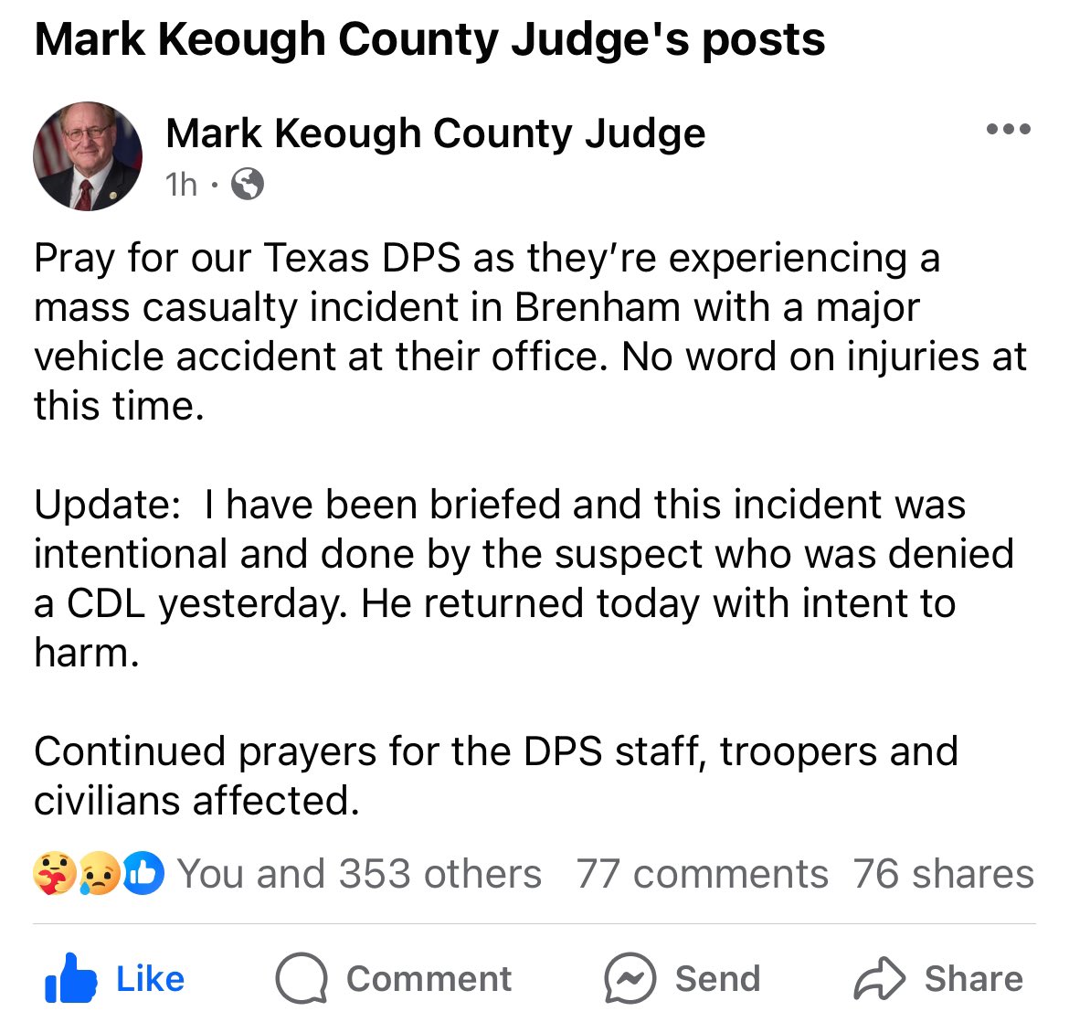 #BreakingNews: A man intentionally drove an 18-wheeler into a Texas DPS building in Brenham, Texas. County Judge Mark Keough says the driver was denied a CDL (Class of Commercial Driver License) on Thursday and returned today to cause harm. @KPRC2