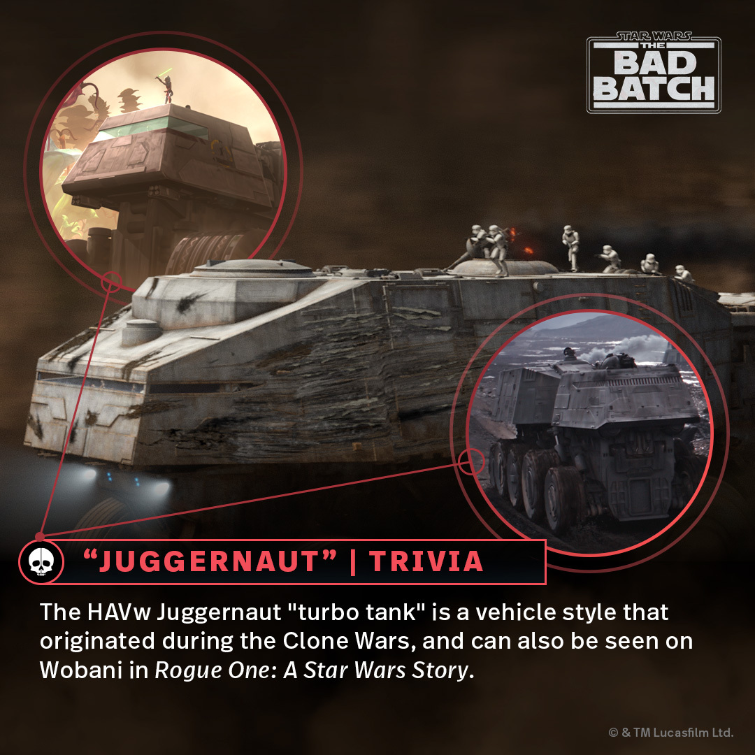 That set of wheels look familiar? Explore more trivia in our official #TheBadBatch Episode Guide for “Juggernaut”: strw.rs/6009wQwIU