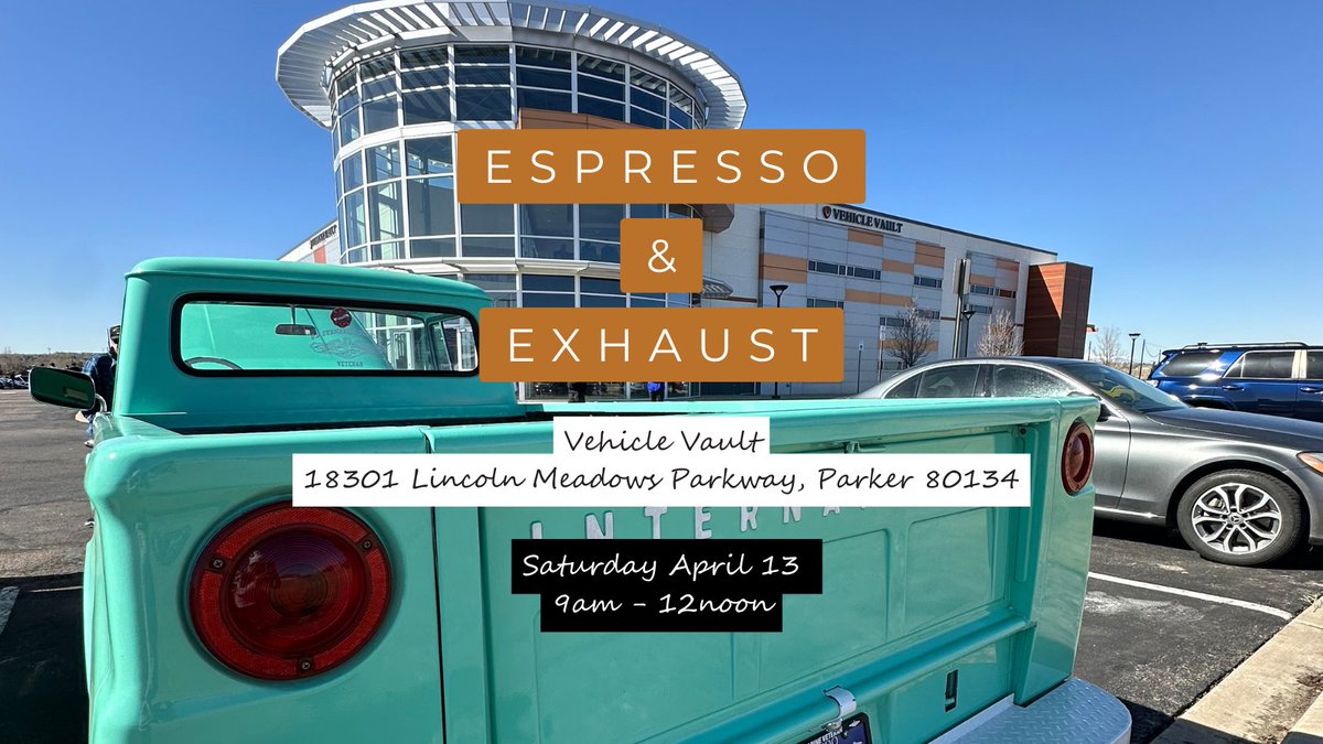 Everyone &amp; all cars are welcome to Vehicle Vault's version of cars and coffee: Espresso &amp; Exhaust. 

Held on the second Saturday of every month from 9am - 12noon at Vehicle Vault (18301 Lincoln Meadows Parkway, Parker, CO 80134)

Next event: Sat Apr 13
vehiclevaultco.com/espresso-and-e…