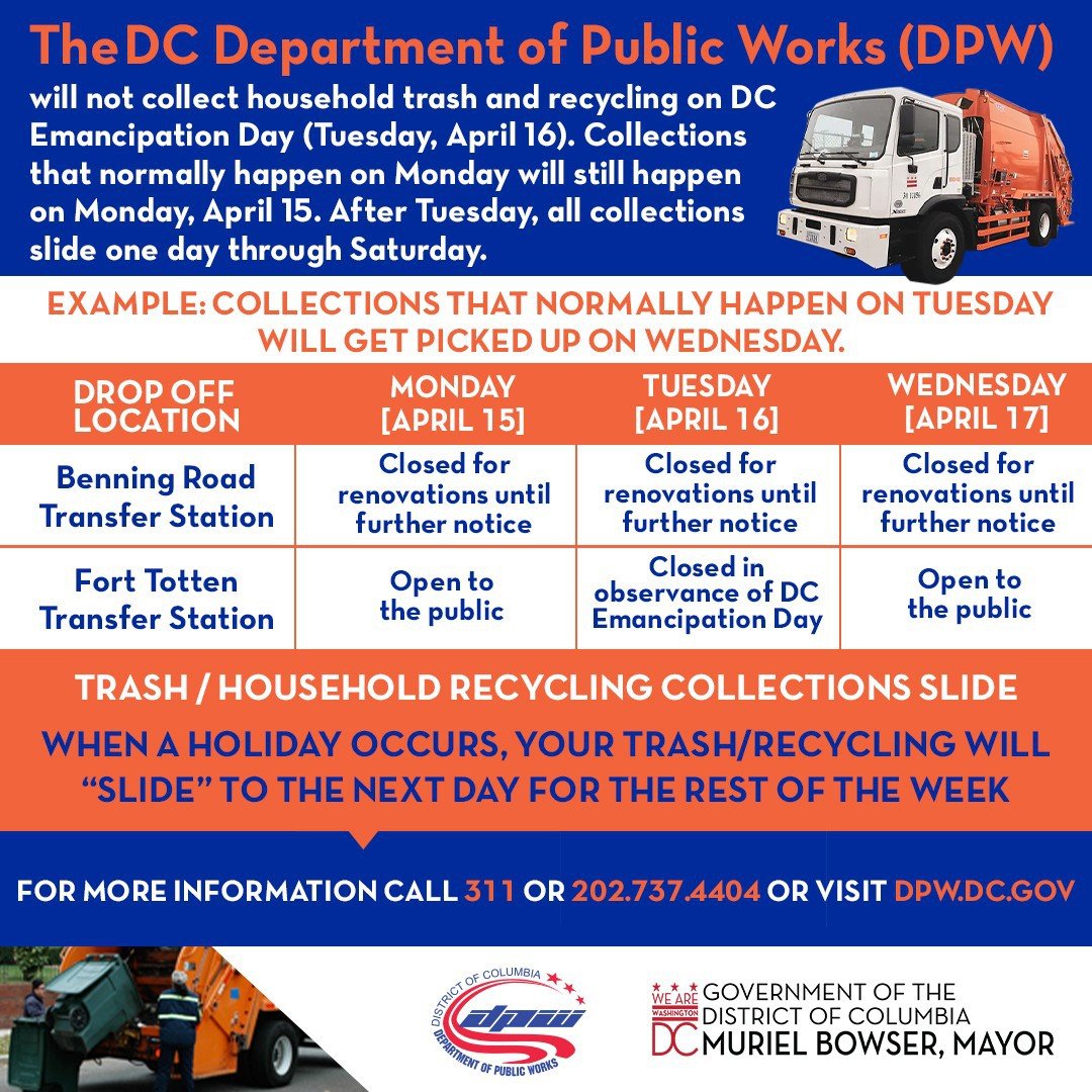 Reminder: In observance of Emancipation Day, DC Department of Public Works will 'slide' household trash and recycling collections to the next day. Learn more: tinyurl.com/bdz2fzs2