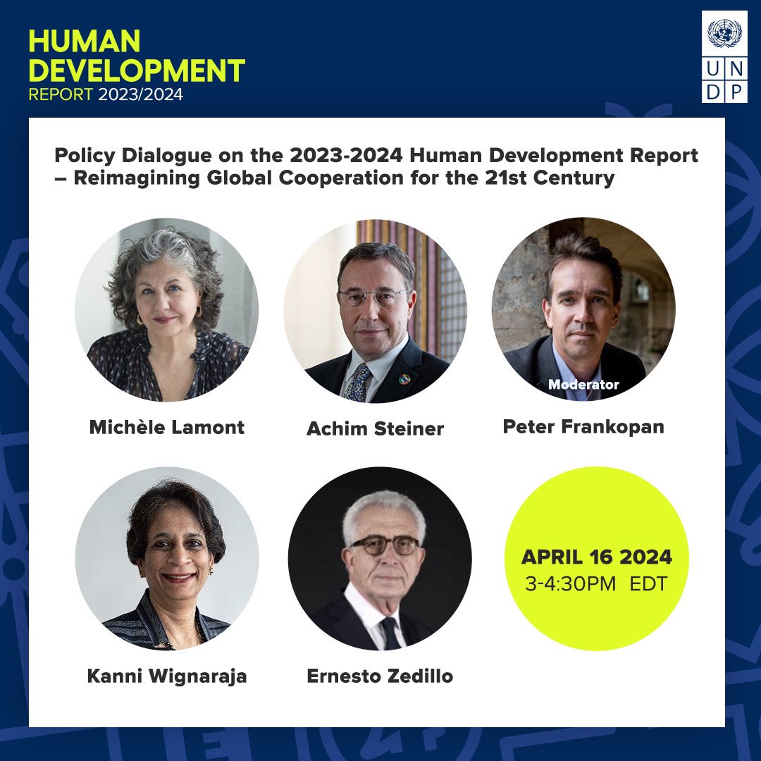 On April 16, join us for a deep-dive conversation around the key findings of #HDR2024, featuring @ASteiner, @mlamont6, @kanniwignaraja, Prof. Ernesto Zedillo @JacksonYale, & @peterfrankopan Select 'Notify Me' on @YouTube to watch live next Tuesday: youtube.com/live/uxyDkZCIi…