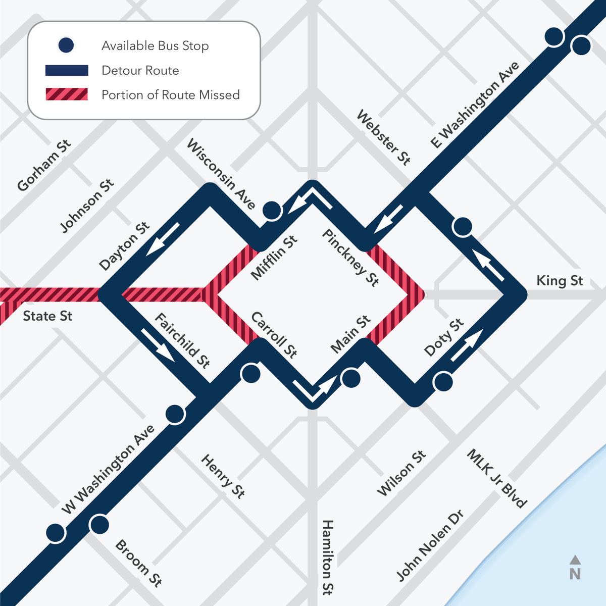 The @DaneCoFM returns tomorrow, Sat. 4/13! Routes A, B & E will follow a new detour around the Square every Saturday until 3:40p. Buses will only miss Stop #1787 on Pinckney at Main. Complete details: bit.ly/4cYmewb