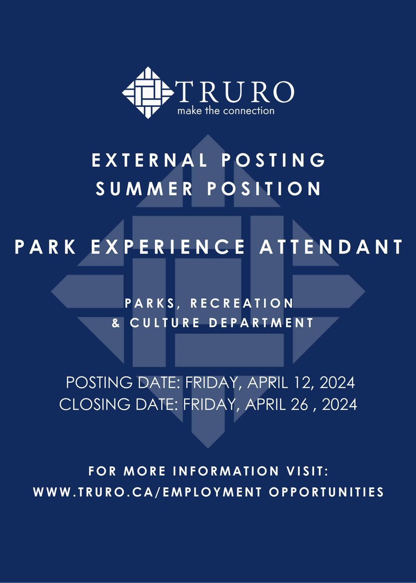 EMPLOYMENT OPPORTUNITY

The Town of Truro is currently accepting applications for a Park Experience Attendant position for Victoria Park. This is a summer position, with an approximate end date of September 2, 2024.

For more information: truro.ca/employment-opp…