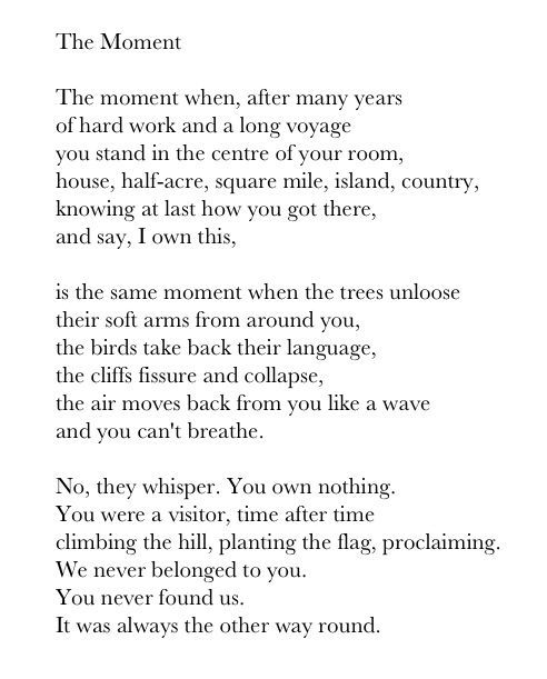 The Moment ...You own nothing You were a visitor time after time climbing the hill planting the flag, proclaiming. ~ Margaret Atwood