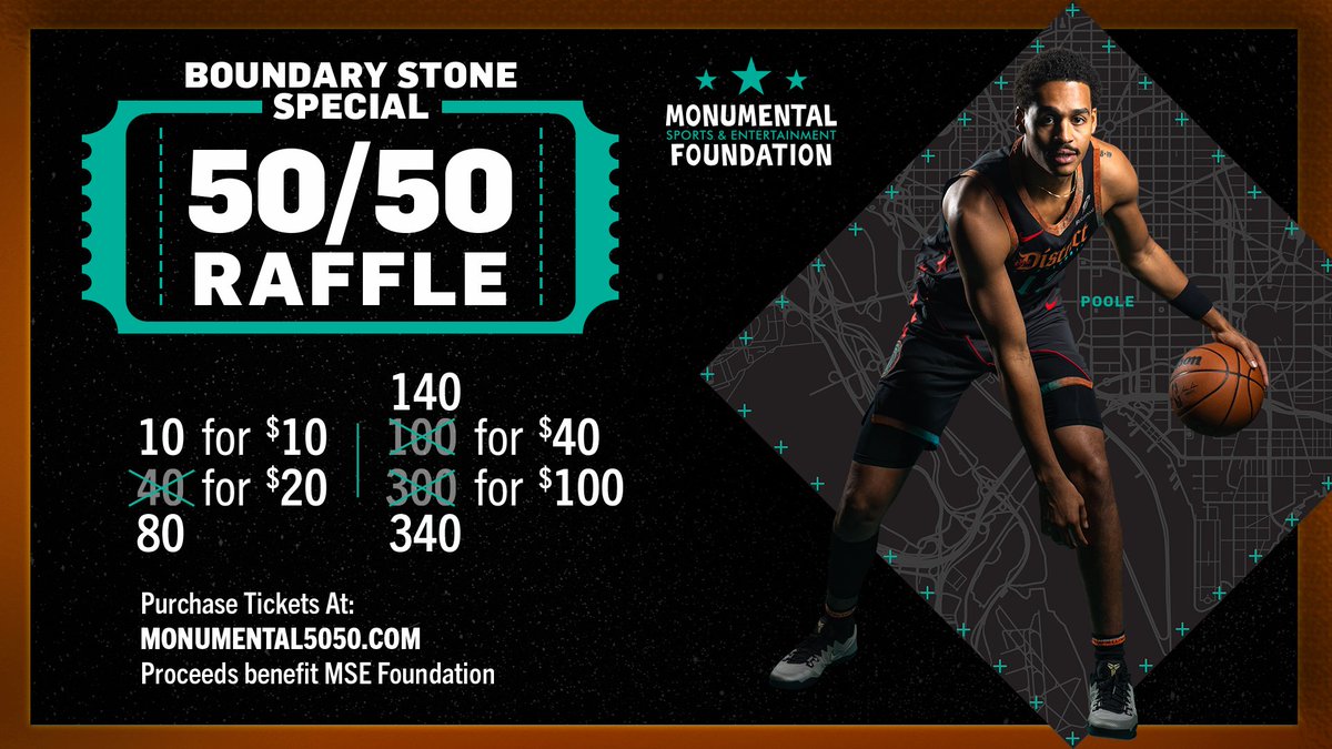 Get 40 extra numbers on all tickets purchased for $20 or more in our @WashWizards 50/50 Raffle with the Boundary Stone Special. Get yours NOW at Monumental5050.com - it's the last Wizards 50/50 Raffle of the season, so don't miss out!