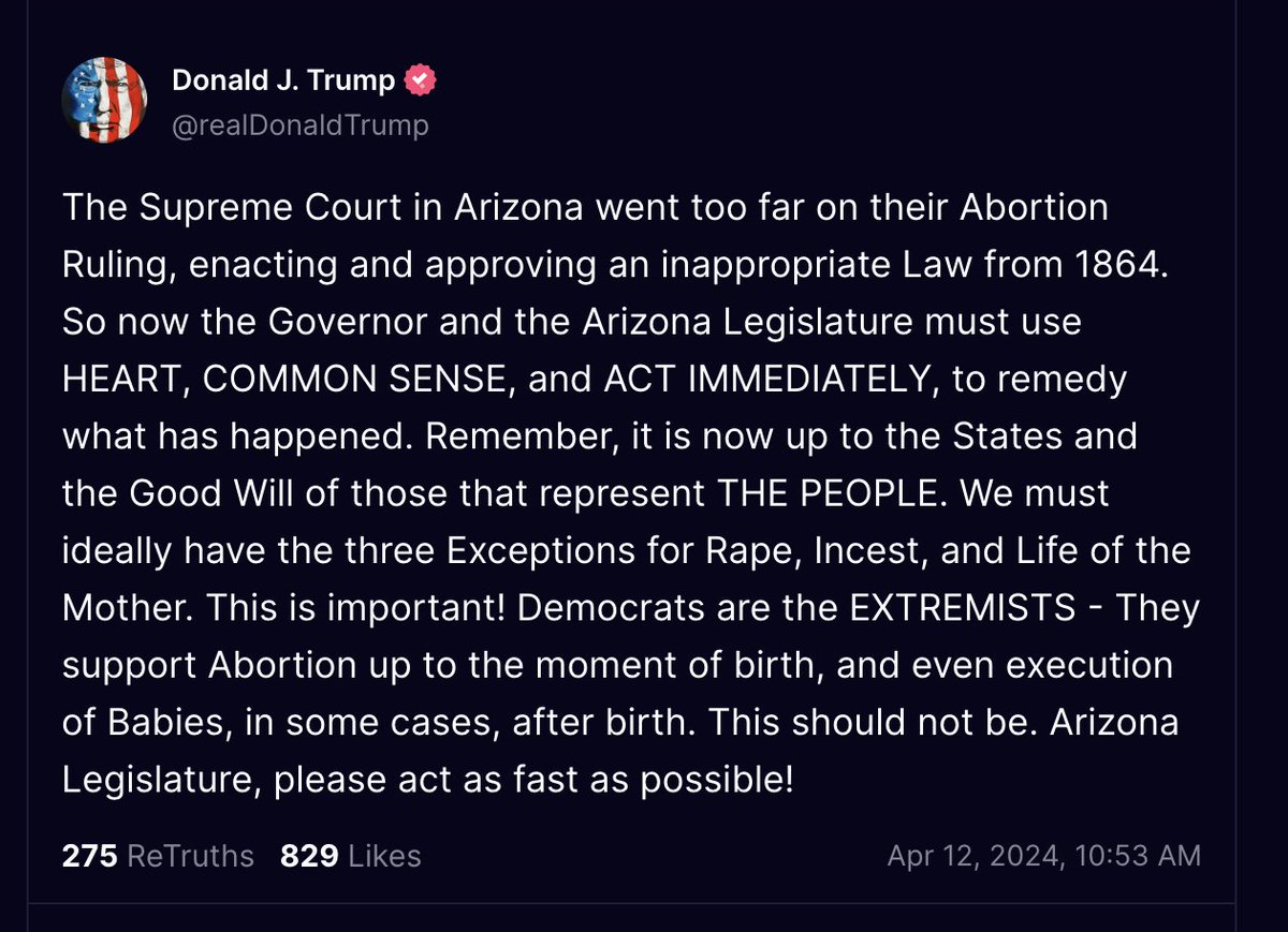 BREAKING: Trump directly calls on Gov. Katie Hobbs and GOP-led Arizona Legislature to 'remedy what has happened' with 1864 abortion ban reinstatement. He stops short of directly calling for a repeal by name, but says there need to be exceptions for rape/incest/life of mother.